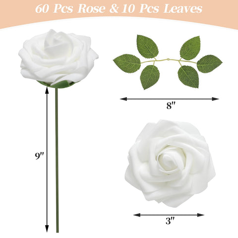 DerBlue 60pcs Artificial Roses Flowers with stem and 10pcs Green Leaves Real Looking Fake Roses Artificial Foam Roses Decoration DIY for Wedding,Arrangements Party Home Decorations