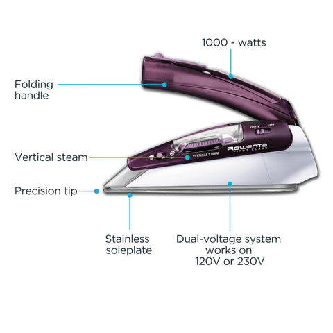 Rowenta Pro Compact Travel Iron highlights a stainless-steel soleplate for smooth wrinkle removal.