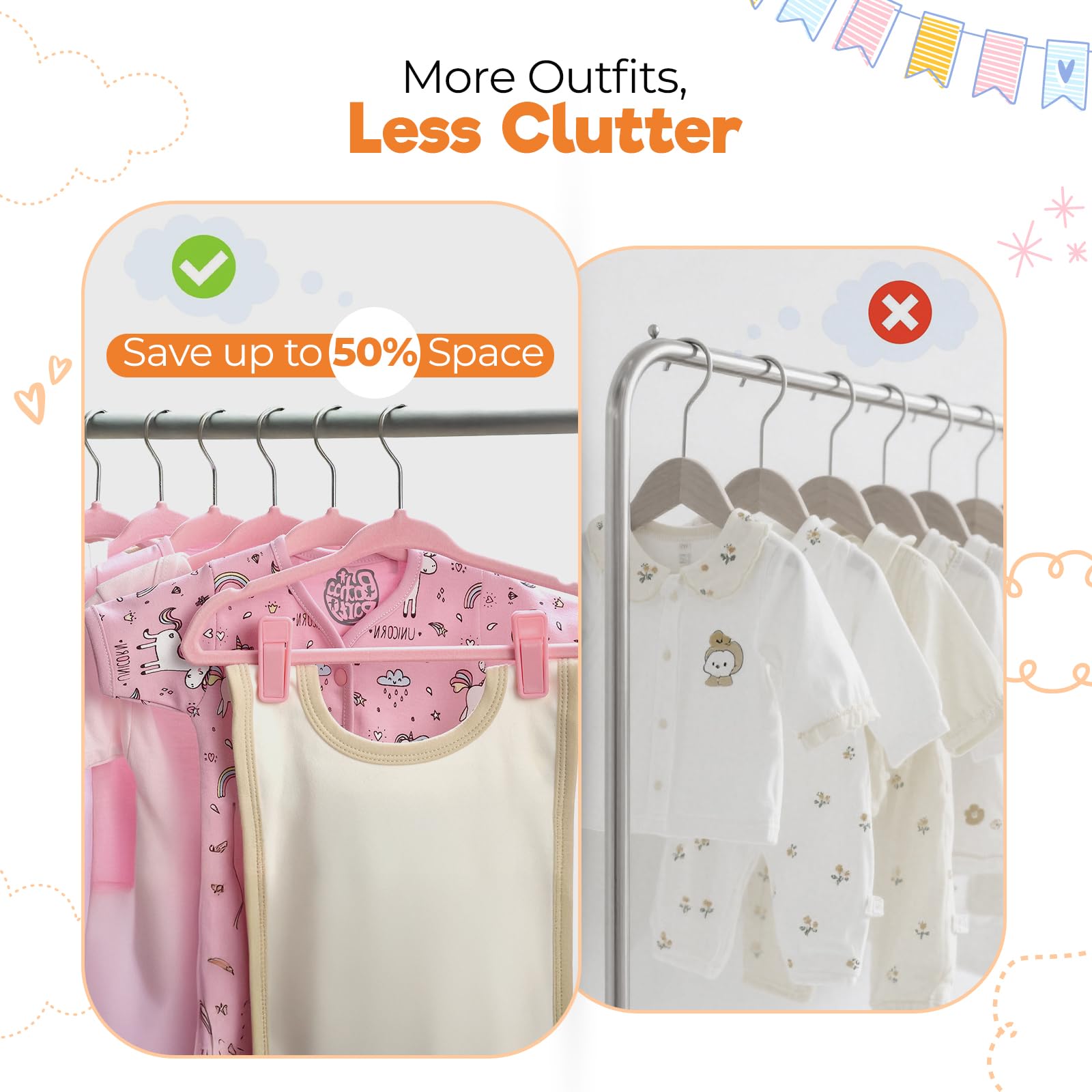 Babyrish 11-inch ultra-slim hangers maximize nursery space without crowding.