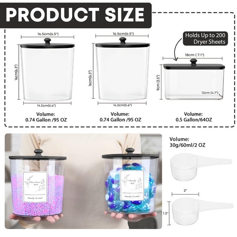 COAZEX 3 Pack Laundry Powder Container & Dryer Sheet Holder, Plastic Laundry Room Organization and Storage Jars with Lids, Labels & Scoops for Powder, Detergent, Scent Booster (Black Lid)