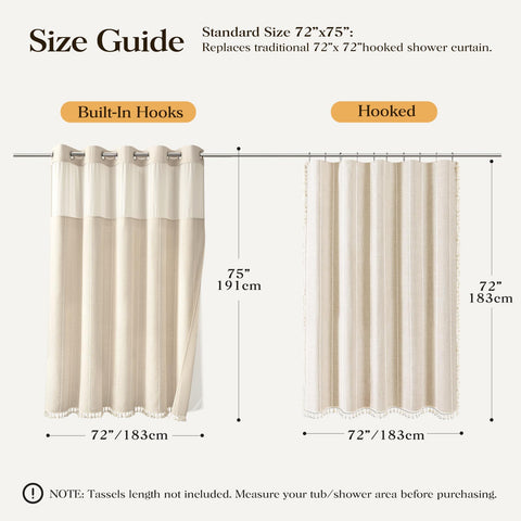 BTTN Ringless Boho Shower Curtain with Snap in Liner, Vintage Linen Fabric Waterproof Bathroom Shower Curtains with Tassel, Farmhouse Striped Shower Curtain Set, Mesh Top Window, 72x75, Beige/Cream