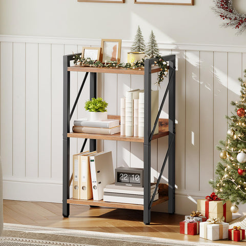 HOOBRO 3-Tier Industrial Bookshelf — Rustic Brown/Black, 16.5x11x28.5 in