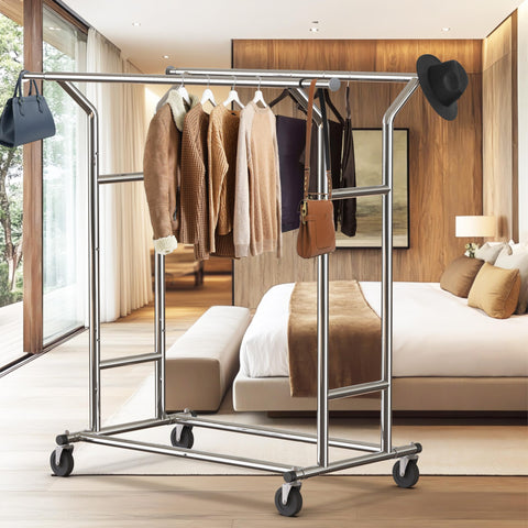Simple Houseware Heavy Duty Double Rail Garment Rack – 200 lb Capacity, Extendable Rod 42.75–67.75 in, Chrome
