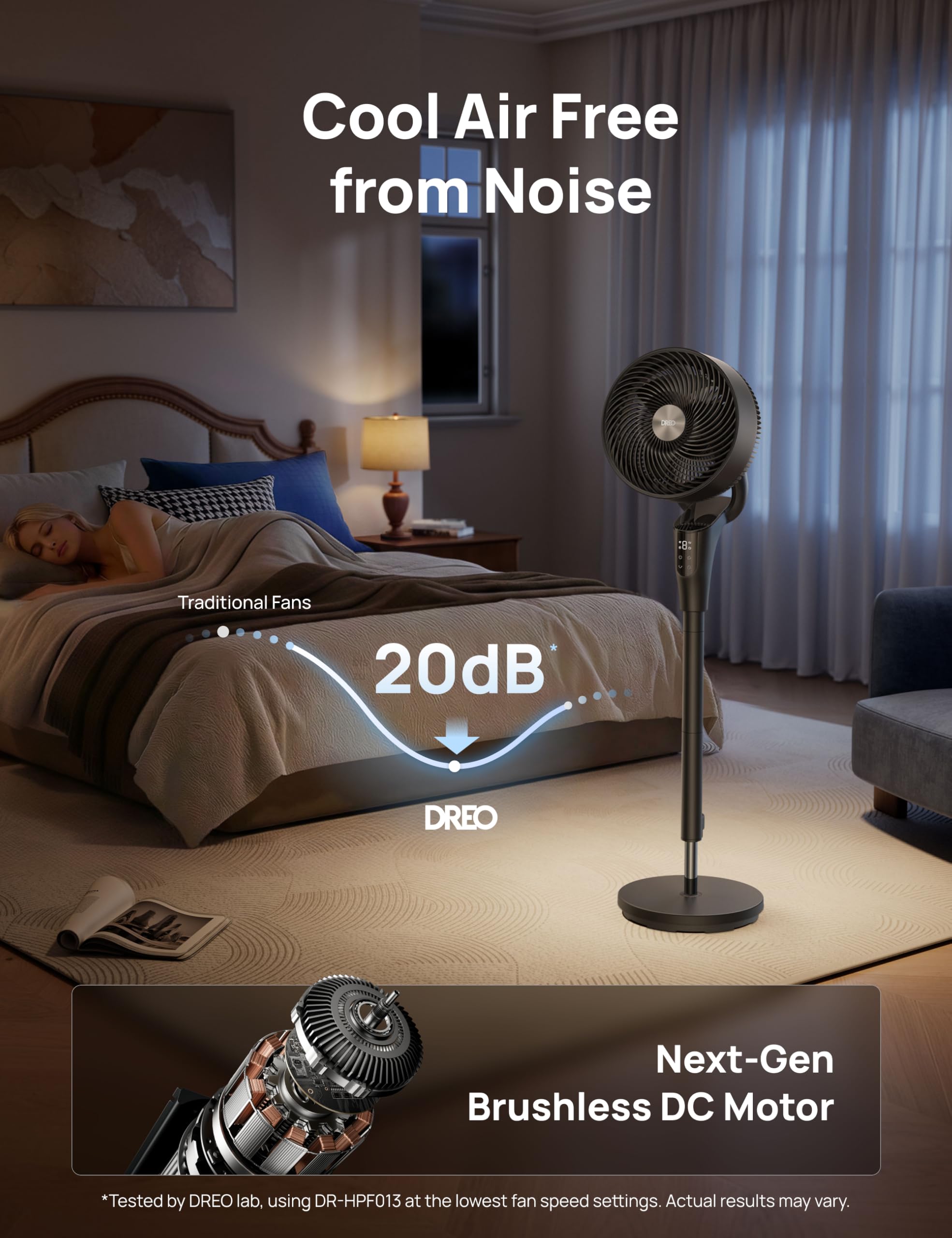 DREO quiet fan operates at about 20 dB for peaceful nights.