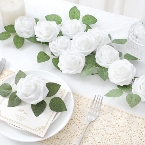 DerBlue 60pcs Artificial Roses Flowers with stem and 10pcs Green Leaves Real Looking Fake Roses Artificial Foam Roses Decoration DIY for Wedding,Arrangements Party Home Decorations