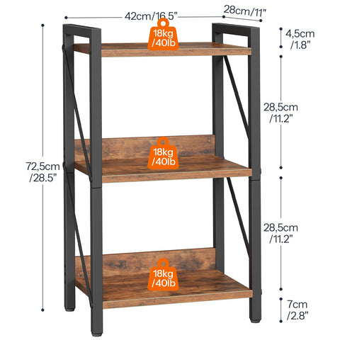 HOOBRO 3-Tier Industrial Bookshelf — Rustic Brown/Black, 16.5x11x28.5 in