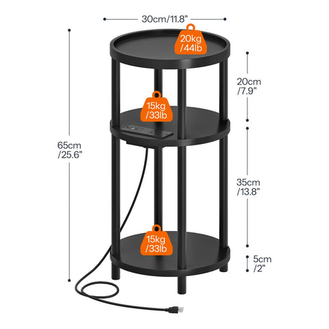 HOOBRO Small Round Side Table with Charging Station | 3-Tier Bamboo End Table