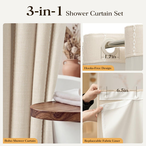 BTTN Ringless Boho Shower Curtain with Snap in Liner, Vintage Linen Fabric Waterproof Bathroom Shower Curtains with Tassel, Farmhouse Striped Shower Curtain Set, Mesh Top Window, 72x75, Beige/Cream