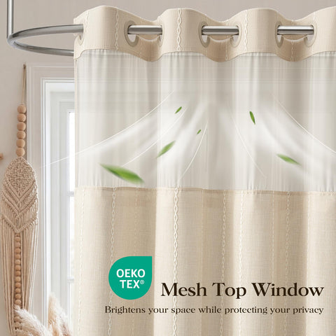 BTTN Ringless Boho Shower Curtain with Snap in Liner, Vintage Linen Fabric Waterproof Bathroom Shower Curtains with Tassel, Farmhouse Striped Shower Curtain Set, Mesh Top Window, 72x75, Beige/Cream