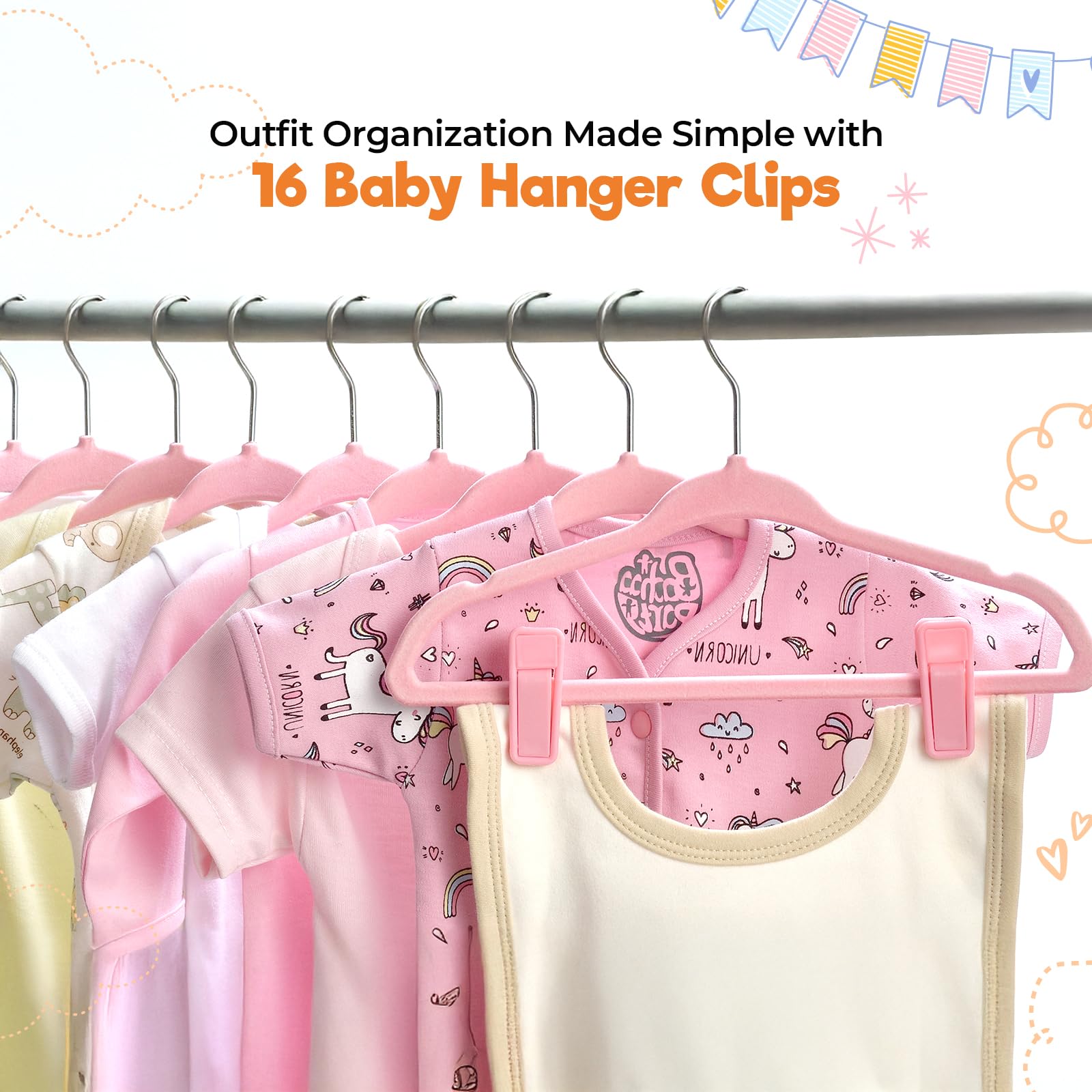 Babyrish hangers include 16 detachable clips for pants and bibs.