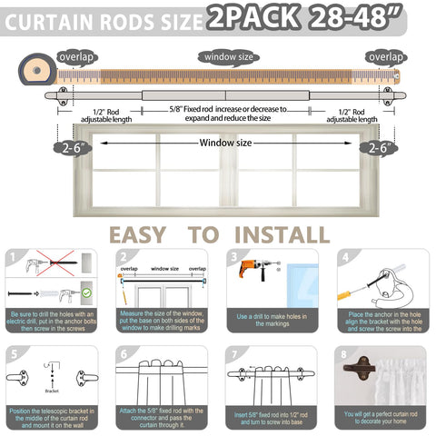 TVWOO Bronze Wrap Around Curtain Rods 2 Pack - Adjustable 28-48 Inch, Blackout
