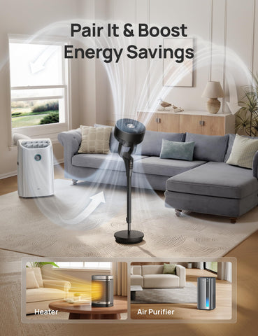 DREO fan demonstrates 90-degree horizontal oscillation across the room.