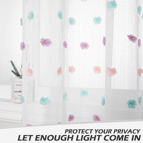 MYSKY HOME Rainbow Pom Pom Curtains for Living Room Light Filtering 84 Inch Long Bedroom Curtains for Nursery Girls Kids Room Rod Pocket Bohemian Voile Window Drapes 52 x 84 inch 2 Panels