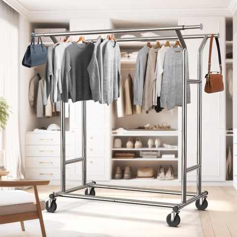 Simple Houseware Heavy Duty Double Rail Garment Rack – 200 lb Capacity, Extendable Rod 42.75–67.75 in, Chrome
