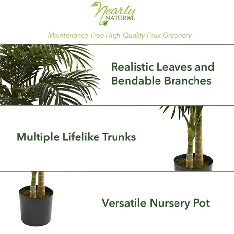 Nearly Natural Golden Cane Palm Tree in black nursery planter for sturdy display.