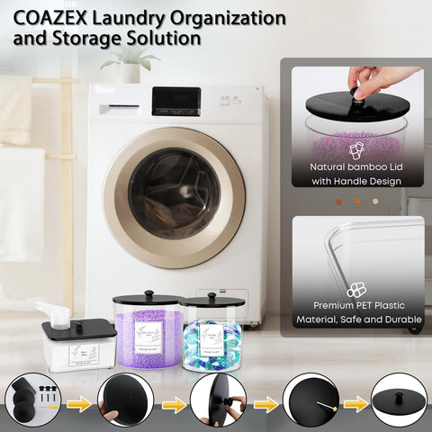 COAZEX 3 Pack Laundry Powder Container & Dryer Sheet Holder, Plastic Laundry Room Organization and Storage Jars with Lids, Labels & Scoops for Powder, Detergent, Scent Booster (Black Lid)