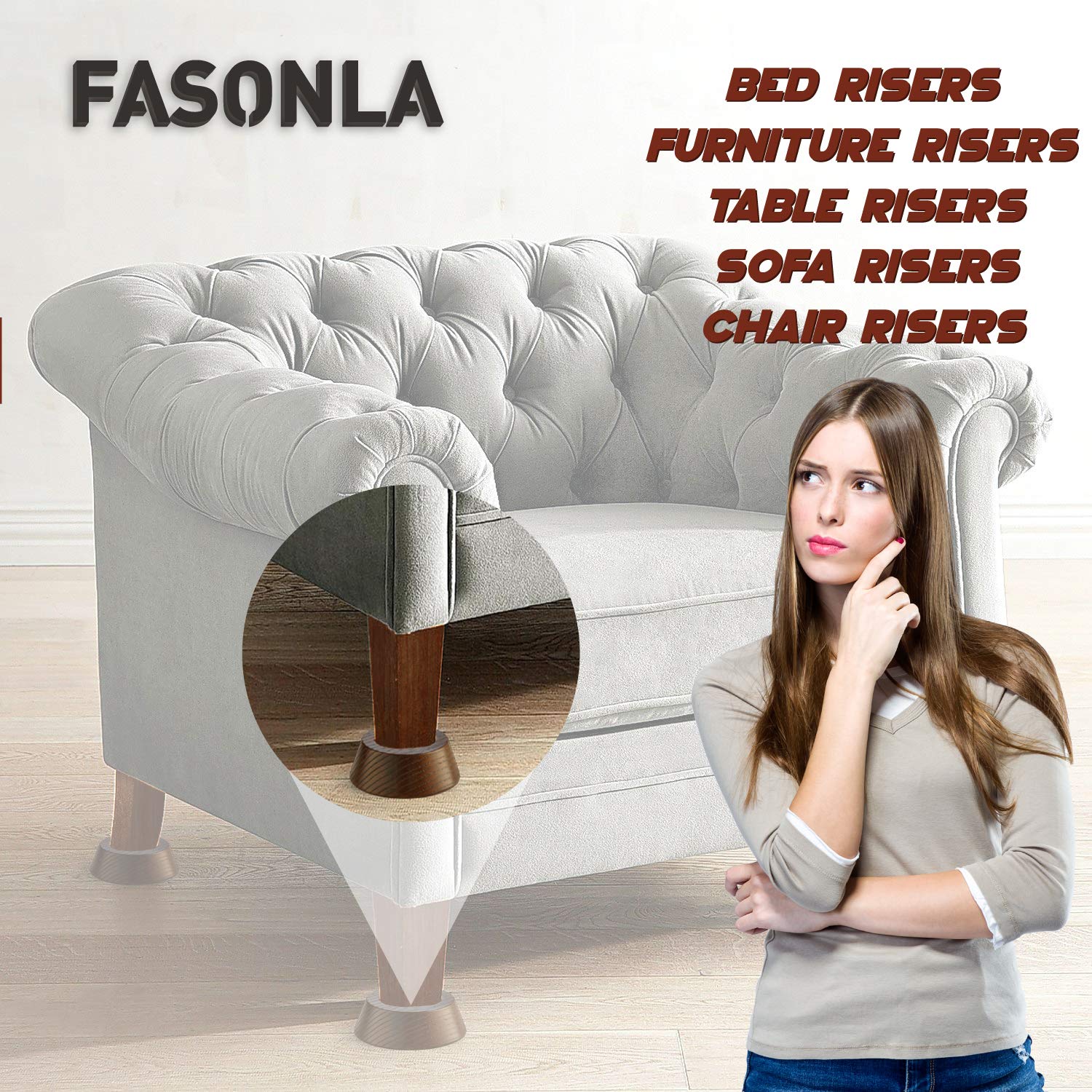 FASONLA walnut finish risers on bed illustrate sleek, durable upgrade.