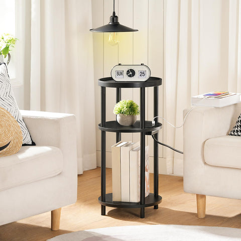 HOOBRO Small Round Side Table with Charging Station | 3-Tier Bamboo End Table