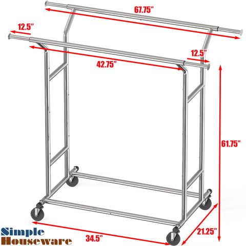 Simple Houseware Heavy Duty Double Rail Garment Rack – 200 lb Capacity, Extendable Rod 42.75–67.75 in, Chrome