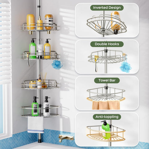HAMITOR 4-Tier Shower Caddy Tension Pole — Rustproof, No-Drill, Adjustable 47-121 Inches
