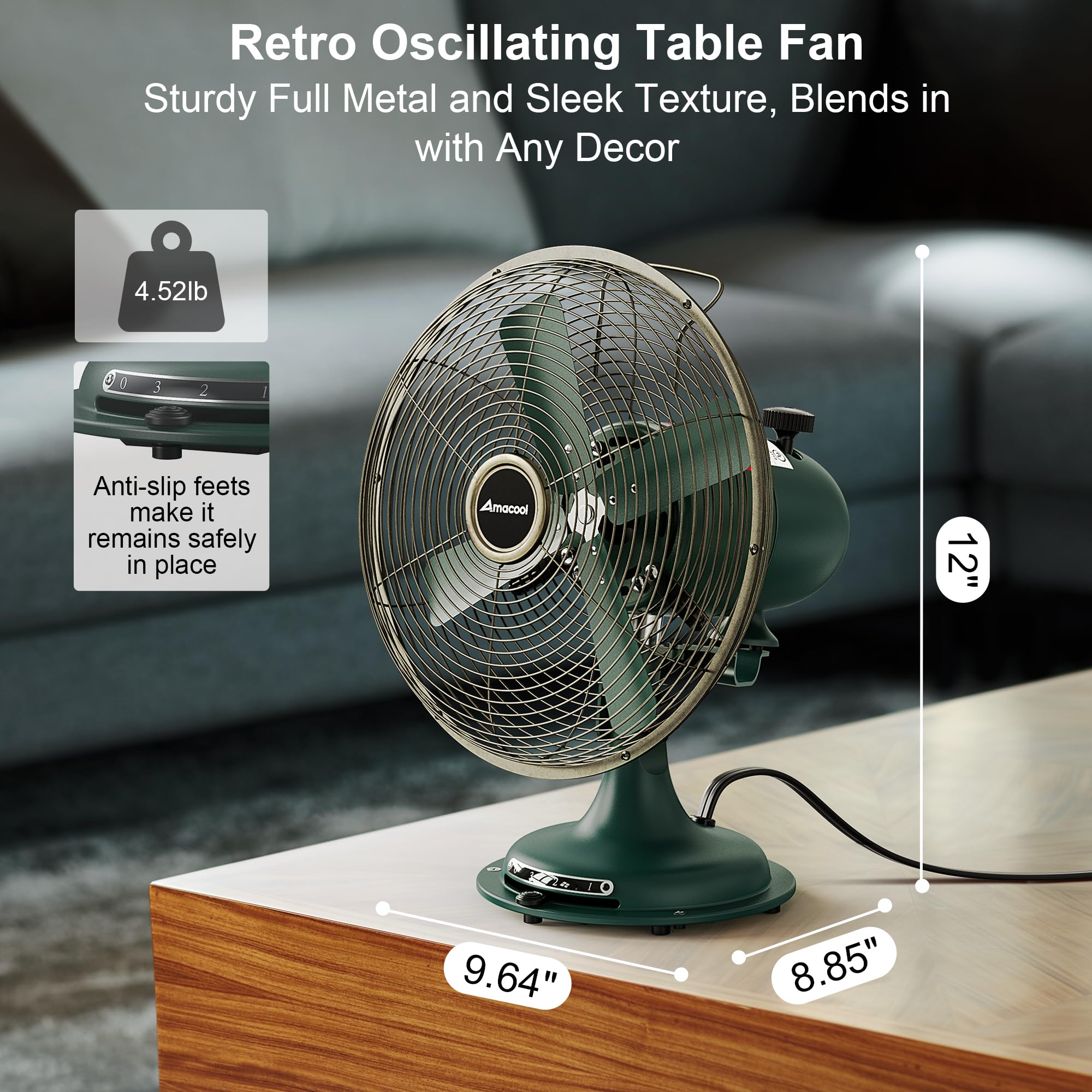 AMACOOL oscillating vintage fan base detail highlights anti-slip desk footing