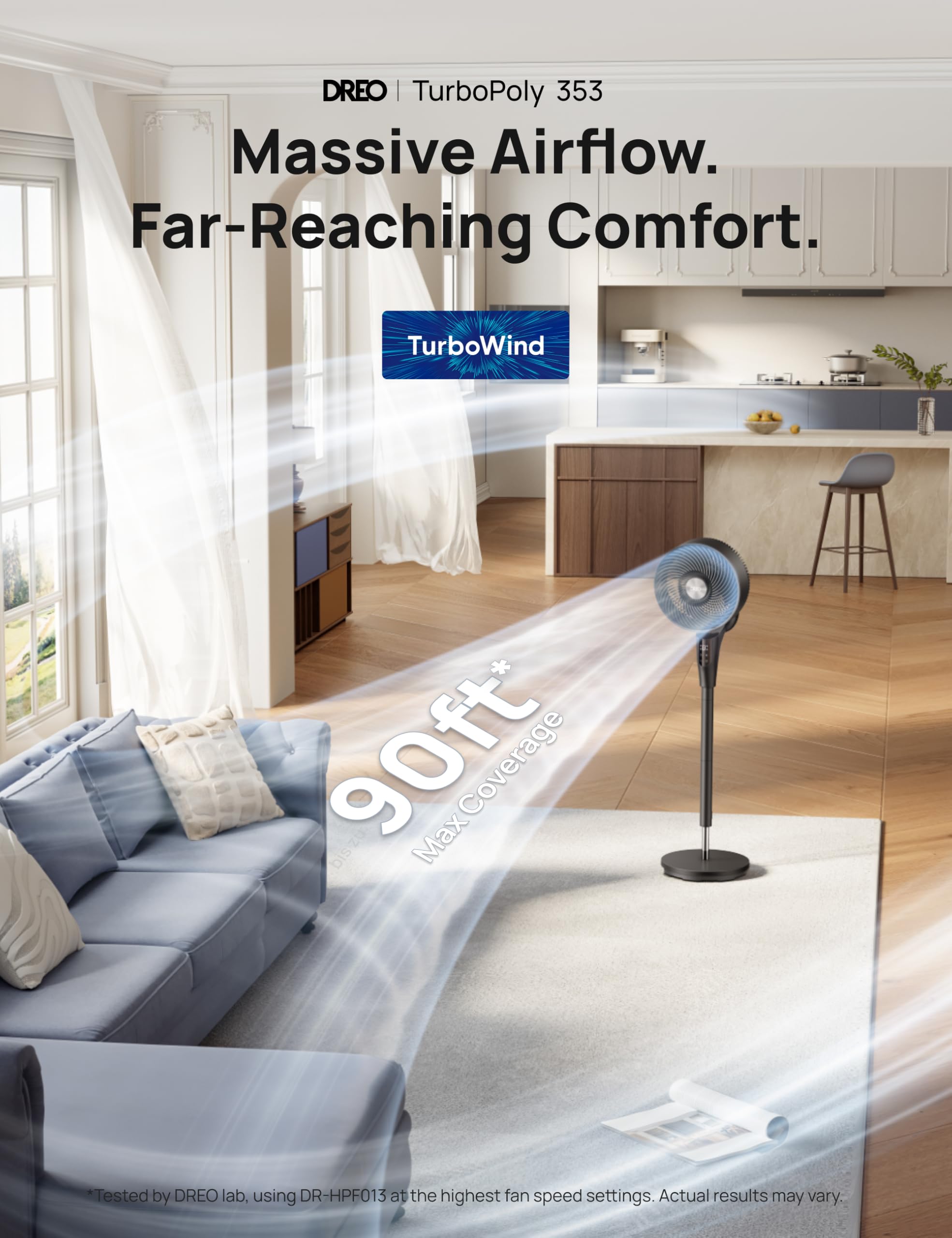 DREO fan head pivots 105 degrees for versatile airflow directions.