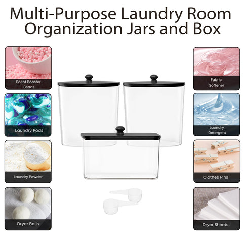 COAZEX 3 Pack Laundry Powder Container & Dryer Sheet Holder, Plastic Laundry Room Organization and Storage Jars with Lids, Labels & Scoops for Powder, Detergent, Scent Booster (Black Lid)
