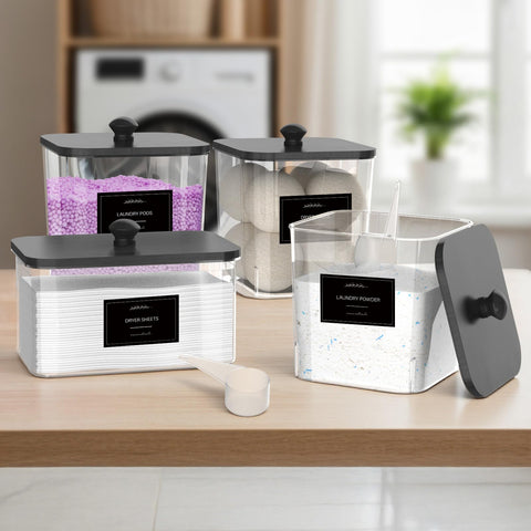 COAZEX 3+1 Pack Clear Laundry Pods Container & Dryer Sheet Holder – Square Storage Jars