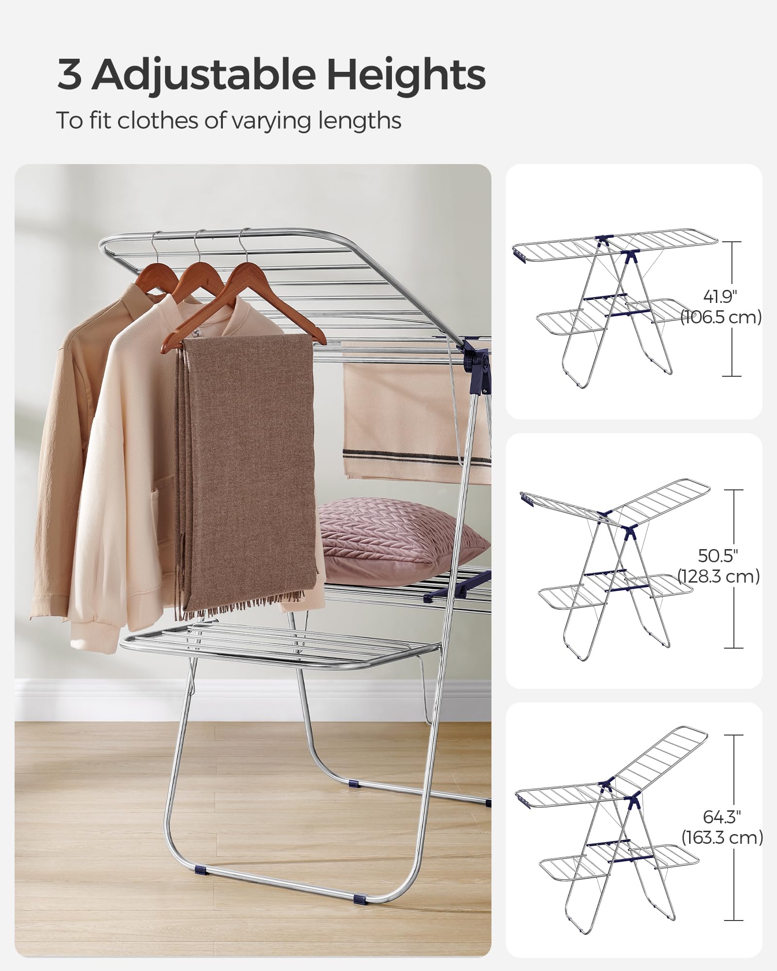 Free-standing design of SONGMICS airer for flexible placement