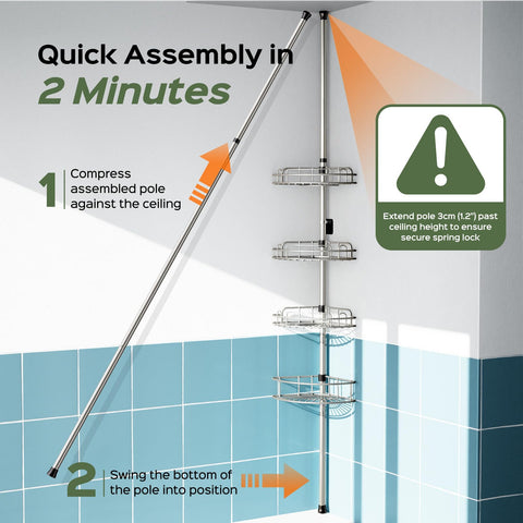 HAMITOR 4-Tier Shower Caddy Tension Pole — Rustproof, No-Drill, Adjustable 47-121 Inches