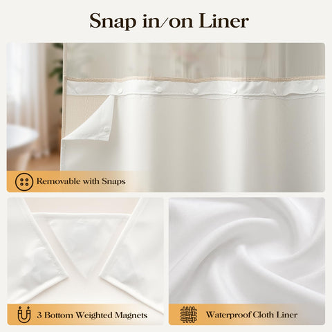 BTTN Ringless Boho Shower Curtain with Snap in Liner, Vintage Linen Fabric Waterproof Bathroom Shower Curtains with Tassel, Farmhouse Striped Shower Curtain Set, Mesh Top Window, 72x75, Beige/Cream
