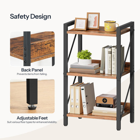 HOOBRO 3-Tier Industrial Bookshelf — Rustic Brown/Black, 16.5x11x28.5 in