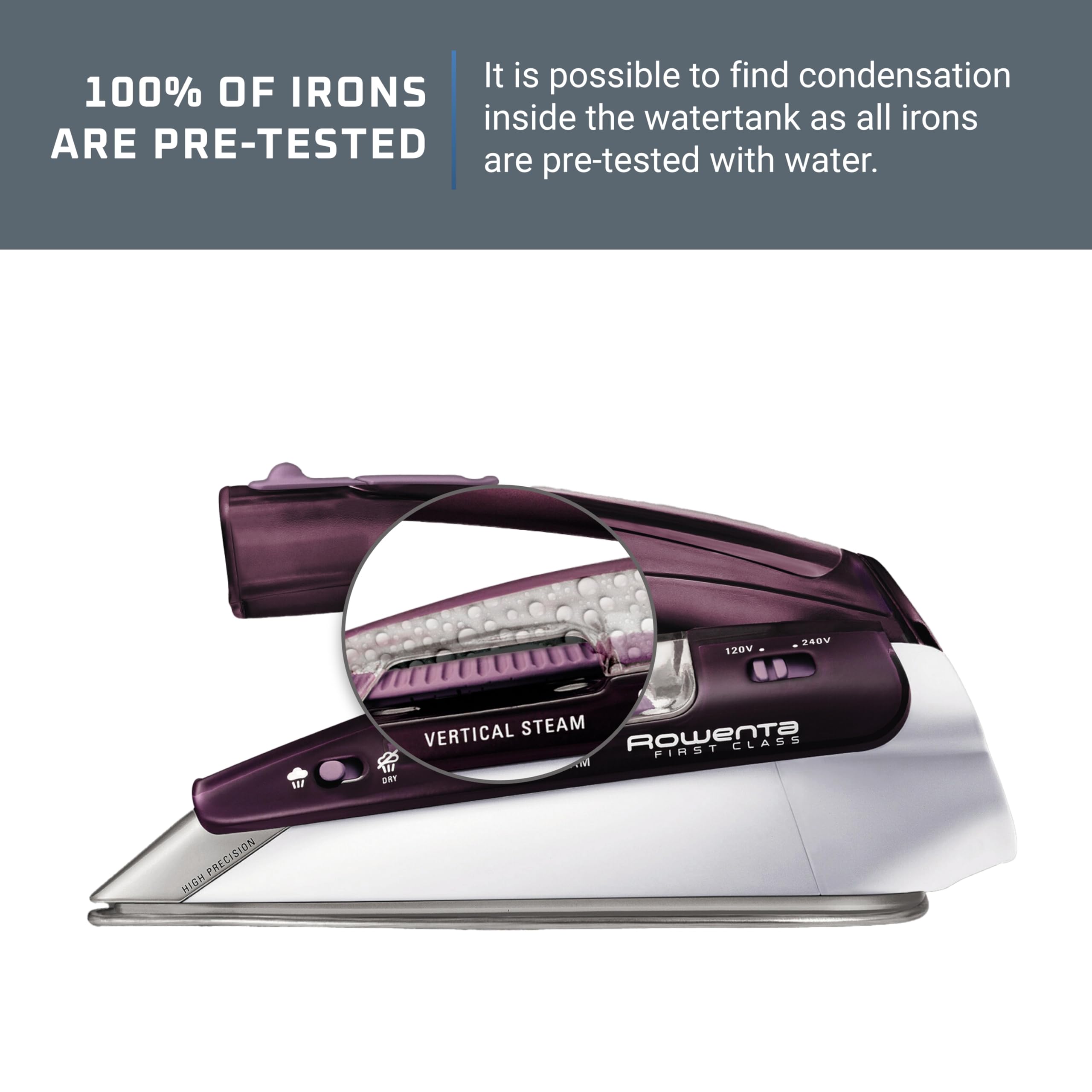 Rowenta Pro Compact Travel Iron supports dual voltage for international use.