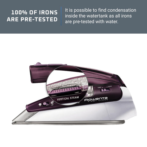 Rowenta Pro Compact Travel Iron supports dual voltage for international use.