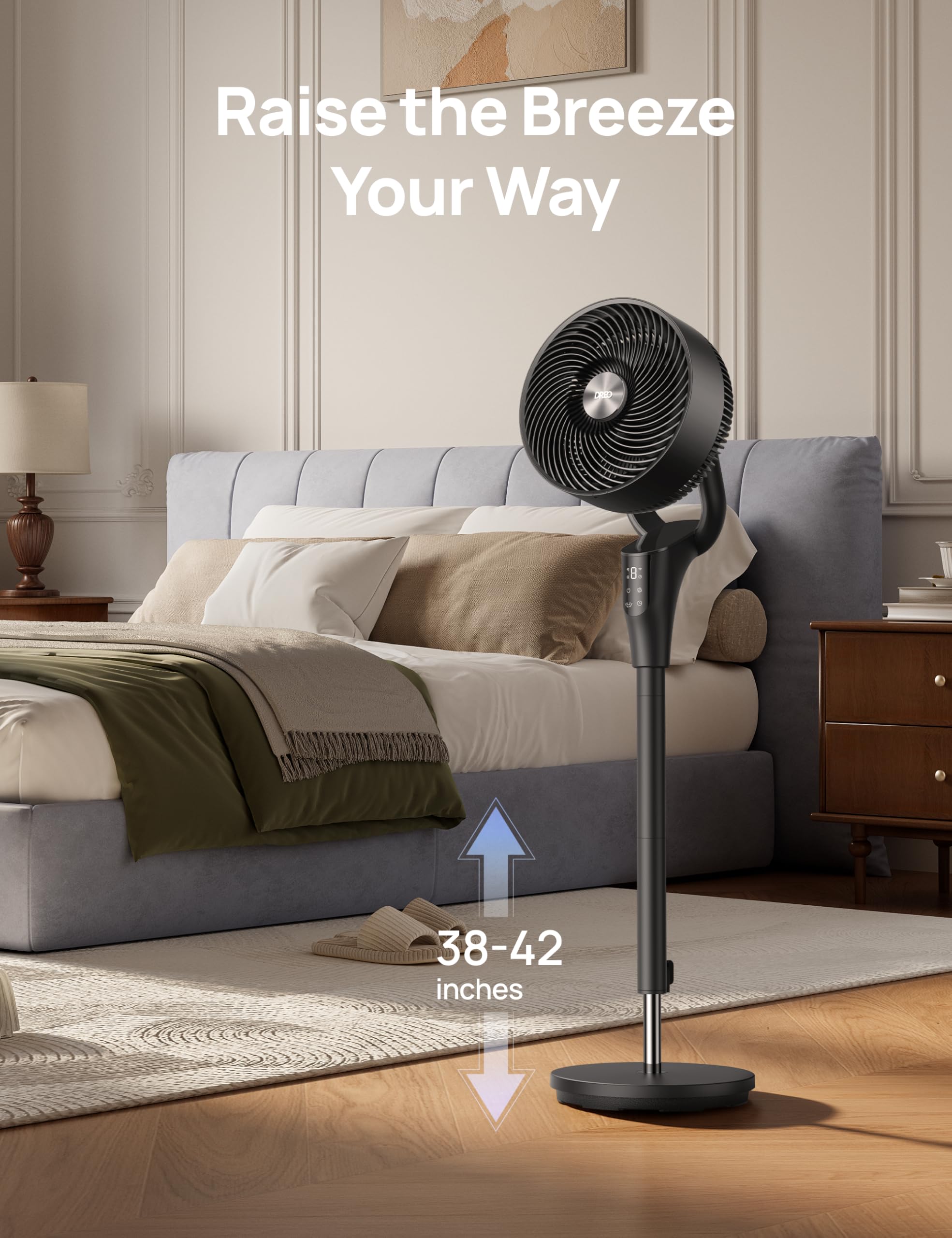 DREO height-adjustable stand from 38 to 42 inches for flexible positioning.