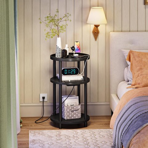 HOOBRO Small Round Side Table with Charging Station | 3-Tier Bamboo End Table