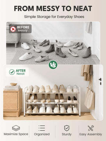 Bumusty 3-Tier Expandable Shoe Rack – 18-33 in Adjustable Closet Organizer