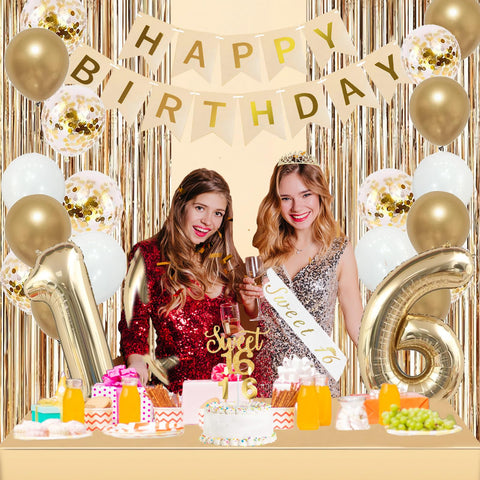 Trgowaul Sweet 16th Birthday Decorations Set – Banner, Sash, Crown, Cake Topper & Gold Fringe Curtains