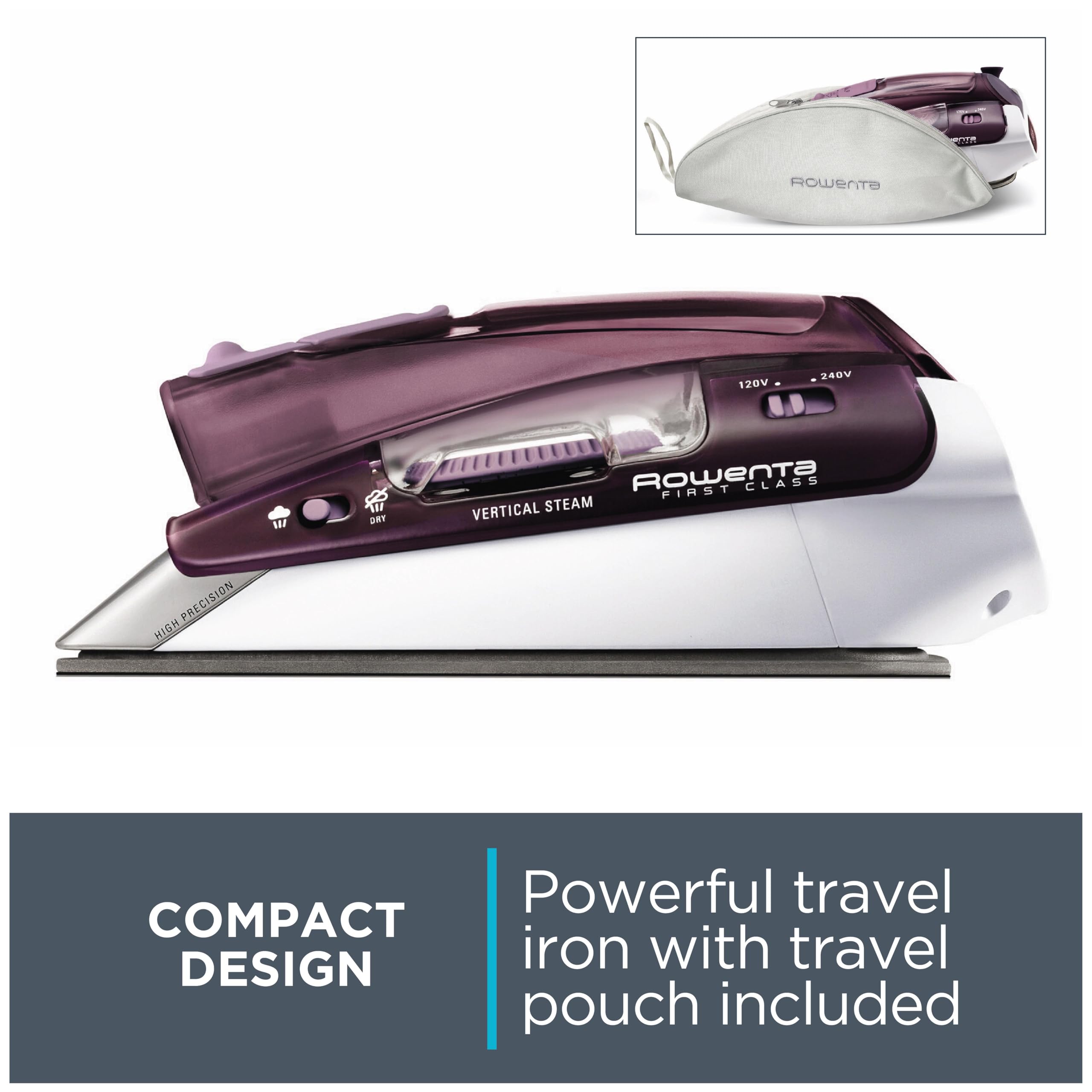Rowenta Pro Compact Travel Iron's burst steam button tackles stubborn wrinkles.