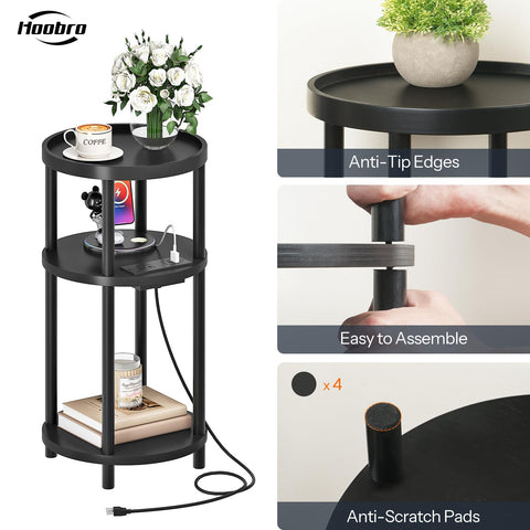 HOOBRO Small Round Side Table with Charging Station | 3-Tier Bamboo End Table
