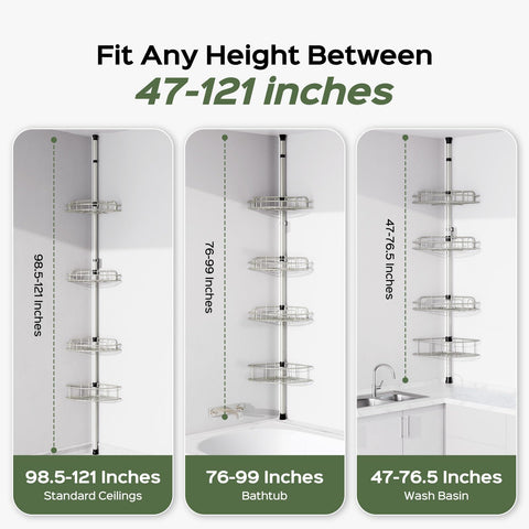 HAMITOR 4-Tier Shower Caddy Tension Pole — Rustproof, No-Drill, Adjustable 47-121 Inches