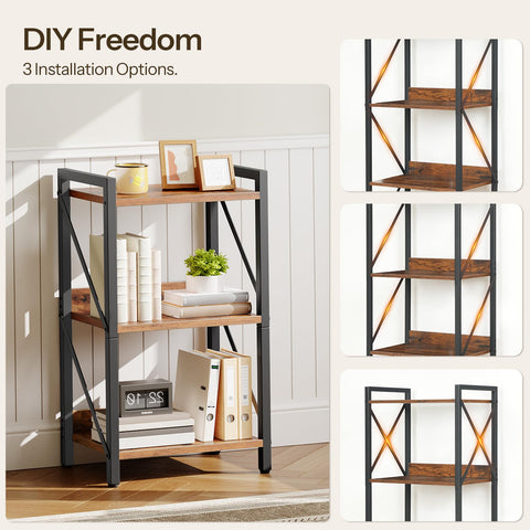 HOOBRO 3-Tier Industrial Bookshelf — Rustic Brown/Black, 16.5x11x28.5 in