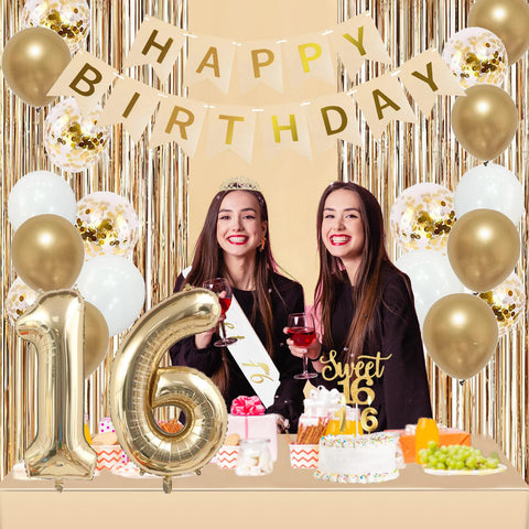 Trgowaul Sweet 16th Birthday Decorations Set – Banner, Sash, Crown, Cake Topper & Gold Fringe Curtains
