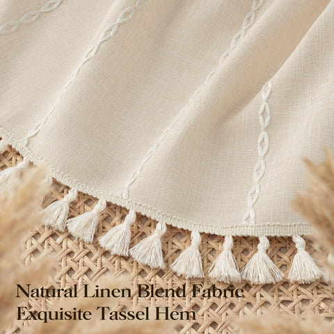BTTN Ringless Boho Shower Curtain with Snap in Liner, Vintage Linen Fabric Waterproof Bathroom Shower Curtains with Tassel, Farmhouse Striped Shower Curtain Set, Mesh Top Window, 72x75, Beige/Cream