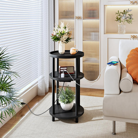 HOOBRO Small Round Side Table with Charging Station | 3-Tier Bamboo End Table