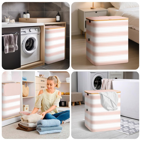 BALEINE Laundry Hamper with Lid – 26 Gal, Pink Pinstripe, Bamboo Rim