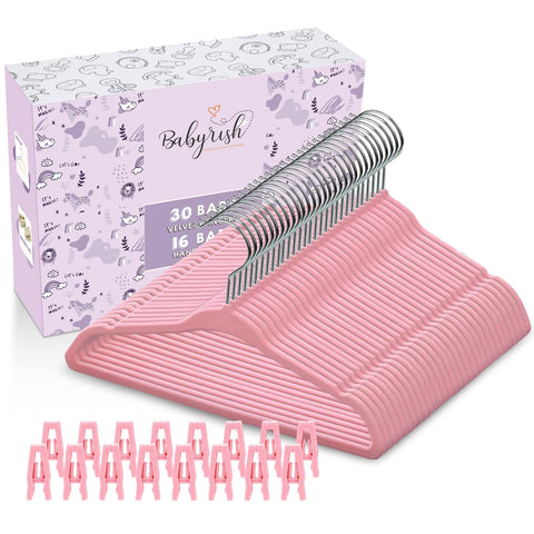 Babyrish pink hangers create a cohesive nursery display.