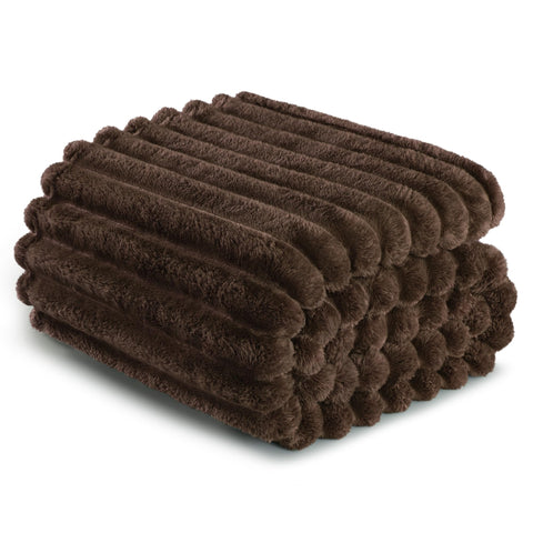 Exclusivo Mezcla Twin Size Flannel Fleece Blanket – Soft Striped Jacquard, 60x80 in, Coffee