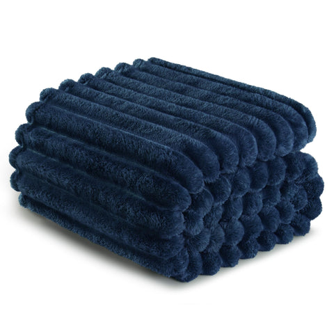 Exclusivo Mezcla Queen-Size Flannel Fleece Blanket – Navy, Striped Jacquard