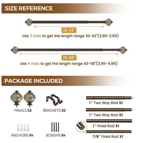 KAMANINA 1-Inch Curtain Rods 32-58 in | Antique Bronze with Marble End